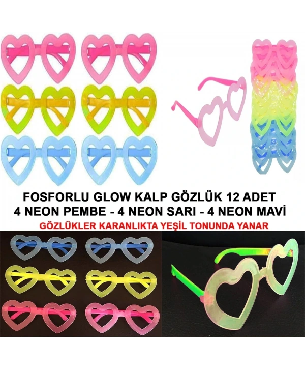 Fosforlu Kalp Model Glow Parti Gözlüğü Karanlıkta Yanan Gözlükler 12 Adet