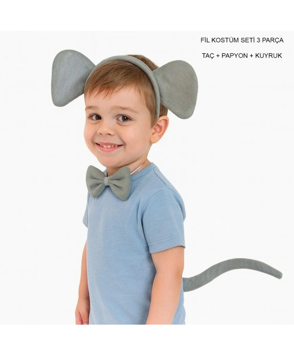 Fil Kostümü Aksesuar Seti 3 Lü - Taç Papyon Kuyruk
