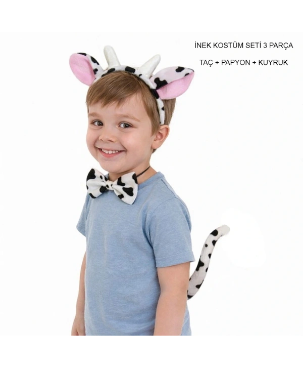İnek Kostüm Aksesuar Seti 3 Lü - Taç Papyon Kuyruk