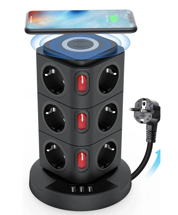 Termal Akım Korumalı Isıya Dayanıklı 3 Usb 12 Priz Ve Wireless Kablosuz Şarj 2.4 Amper Kablolu Priz
