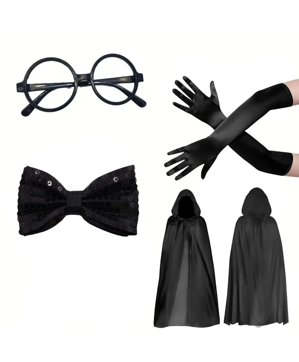 Siyah Kapüşonlu Büyücü Ve Cadı Pelerin Kostüm Seti (4 Parça)