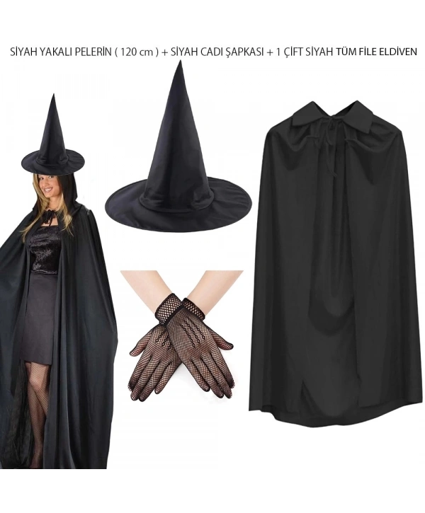 120 Cm Siyah Yakalı Cadı Pelerini Cadı Şapkası Ve 1 Çift Siyah Kısa File Tüm Eldiven Seti 3 Parça