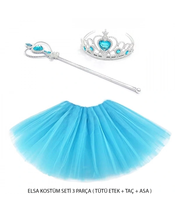 Mavi Prenses Elsa Kostüm Seti 3 Parça (tütü Etek + Taç + Asa )