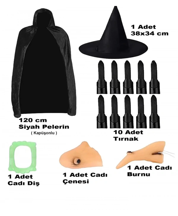 Siyah Kapüşonlu Pelerin 120 Cm Tırnaklar Diş Çene Burun Ve Şapka Seti