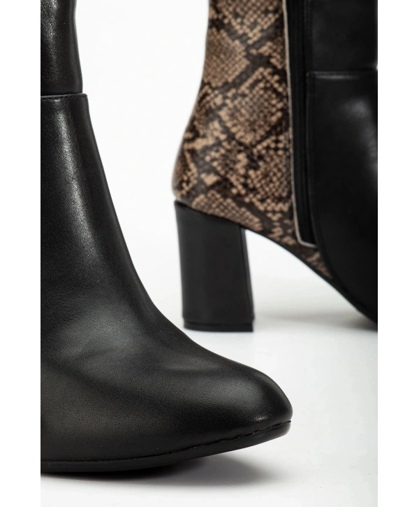 292 Siyah Leopar Desen Detaylı Fermuarlı  Yüksek Topuklu Günlük Kadın Bot
