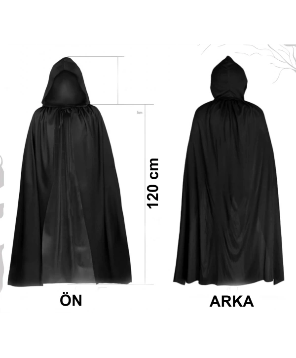 Siyah Uzun Pelerin 120 Cm Kapüşonlu – Cosplay Ve Parti Kostümü