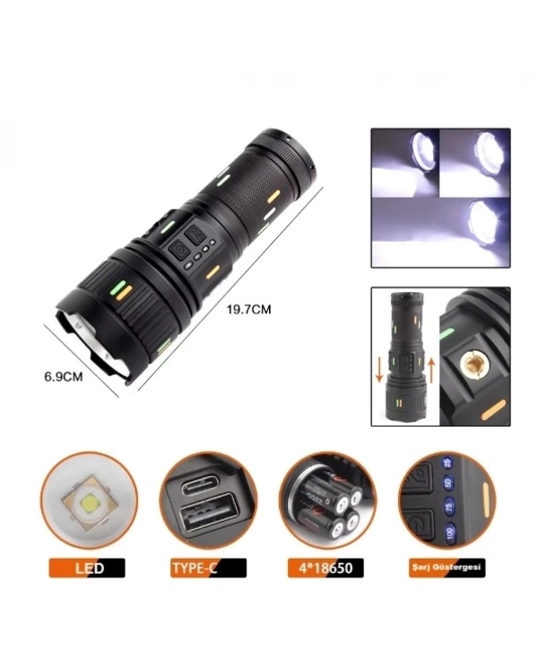 Pro F-3001 Alüminyum Tg Led Güç Göstergeli Type-c Şarjlı El Feneri 100 W