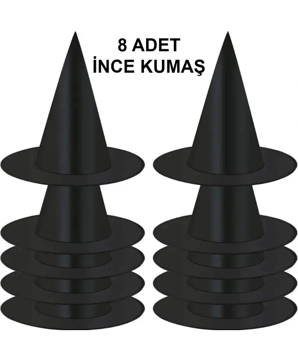 8 Adet Siyah Cadı Şapkası – Yetişkin  Çocuk Kostüm Aksesuarı