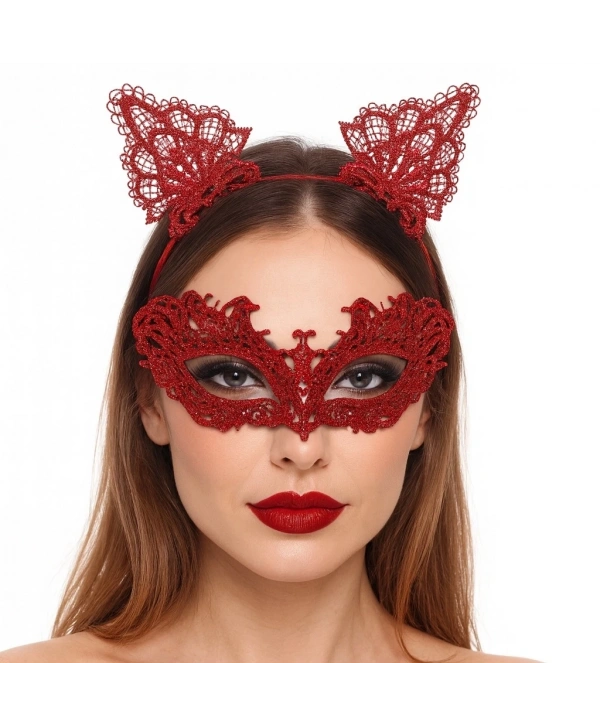 Şık Kırmızı Dantel Maske Ve Taç Seti 5 No – Maskeli Balo  Özel Etkinlikler