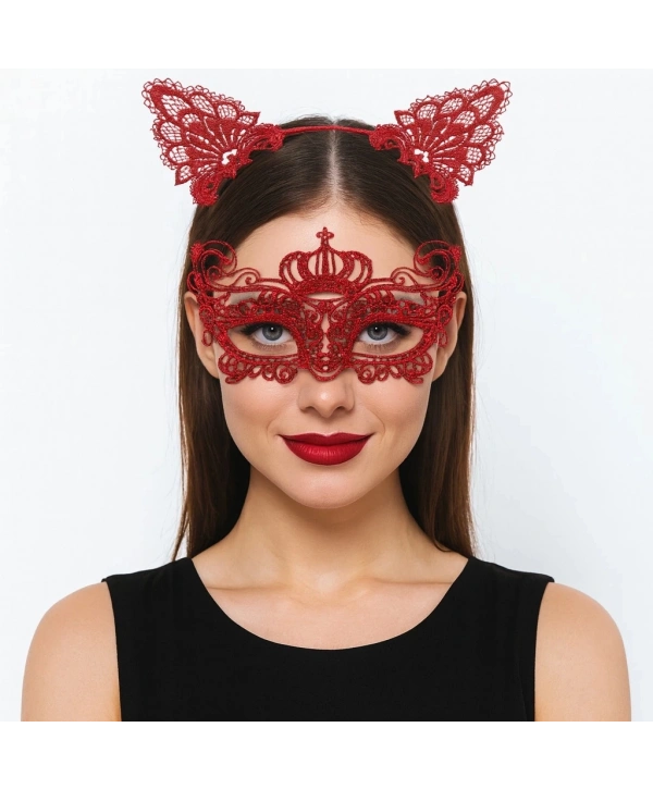 Lüks Kırmızı Dantel Taçlı Maske Seti 2 No - Parti, Balo, Kostüm Aksesuarı