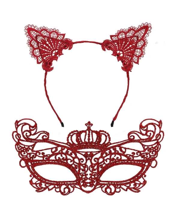 Lüks Kırmızı Dantel Taçlı Maske Seti 2 No - Parti, Balo, Kostüm Aksesuarı