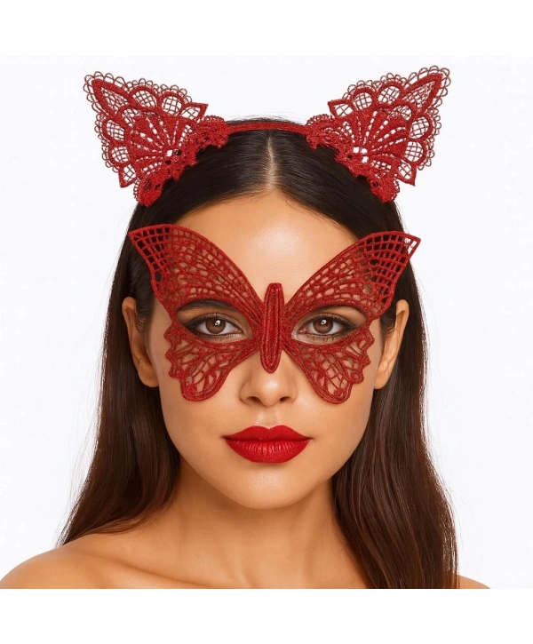 Gösterişli Kırmızı Dantel Maske Ve Taç Seti 7 No – Masquerade Ve Davetler İçin