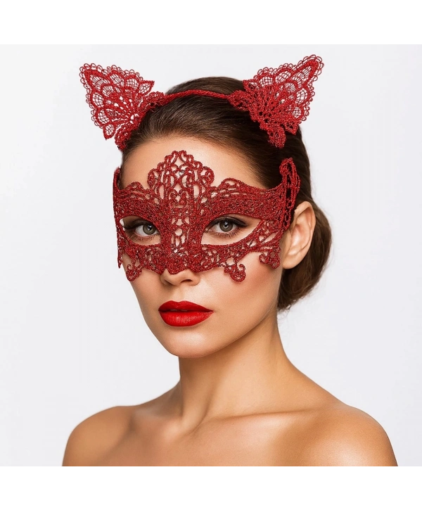 Romantik Kırmızı Dantel Maske Seti – Kedi Kulaklı Taç Ve Maske 3 No