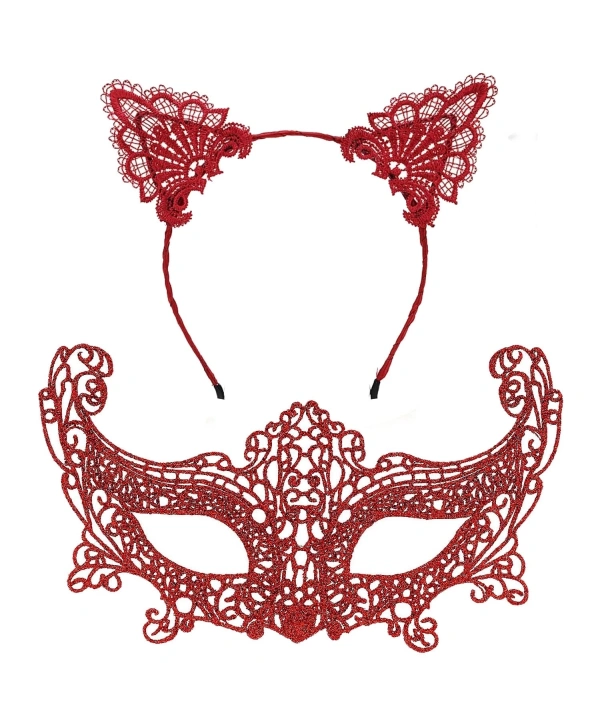 Romantik Kırmızı Dantel Maske Seti – Kedi Kulaklı Taç Ve Maske 3 No