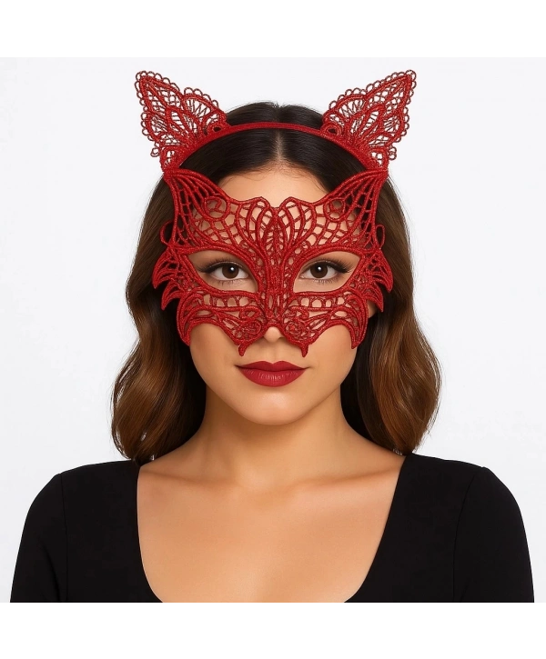 Kırmızı Dantel Kedi Maskesi Ve Dantel Taç Seti – Kadın Kostüm Aksesuarı