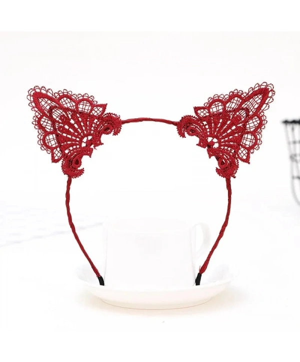 Dantelli Kırmızı Kedi Tacı - Vintage Tarz Dantel Kedi Kulak