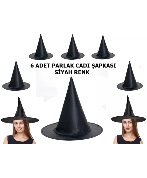Halloween Siyah Renk Parlak Dralon Cadı Şapkası Yetişkin Ve Çocuk Uyumlu 6 Adet