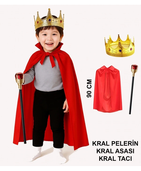 Çocuk Kral Kostüm Seti – Kırmızı Pelerin, Taç Ve Asa (90 Cm)