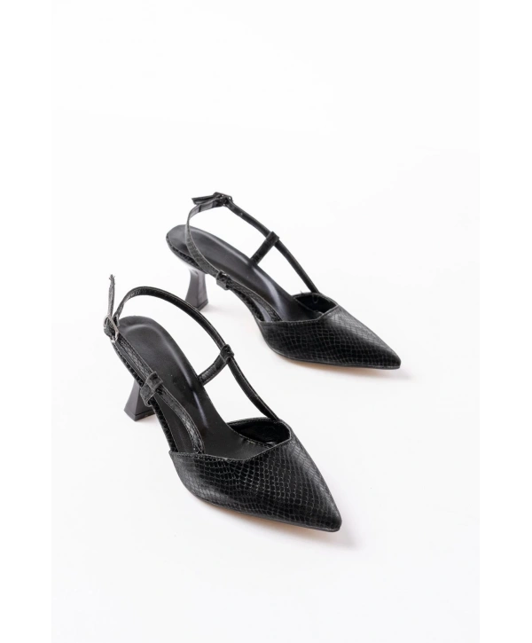 725 Siyah Pul Desenli Sivri Burunlu  Topuklu Kadın Ayakkabı