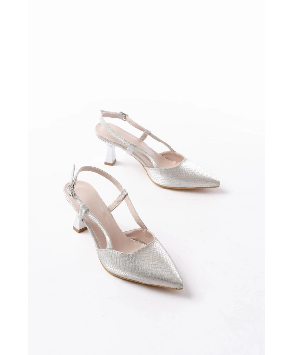725 Gümüş Pul Desenli Sivri Burunlu  Topuklu Kadın Ayakkabı