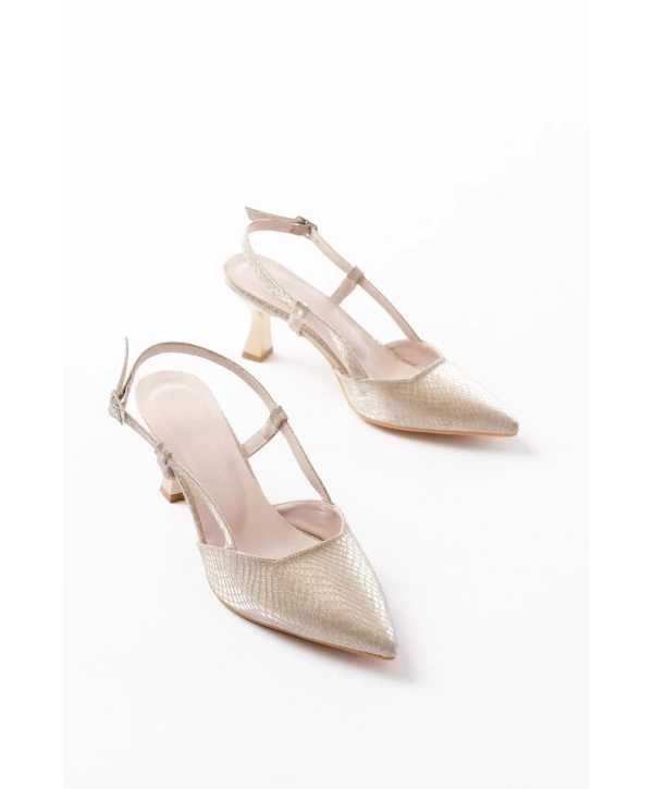 725 Gold Pul Desenli Sivri Burunlu  Topuklu Kadın Ayakkabı