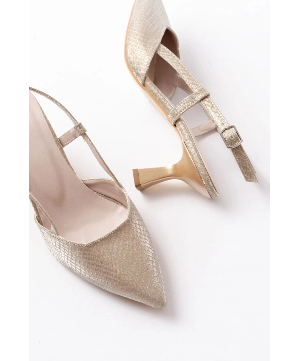 725 Gold Pul Desenli Sivri Burunlu  Topuklu Kadın Ayakkabı