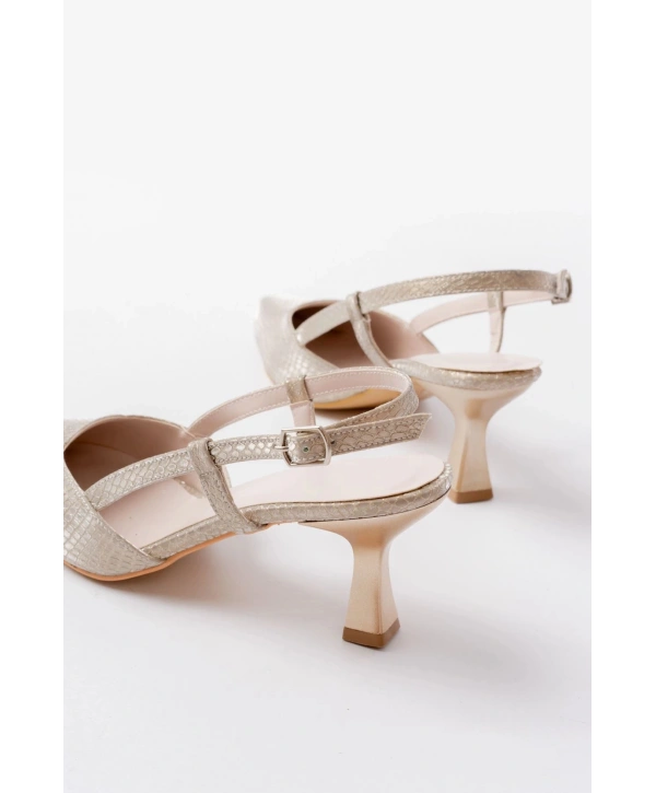 725 Gold Pul Desenli Sivri Burunlu  Topuklu Kadın Ayakkabı