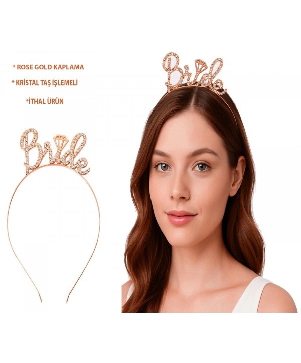 Rose Gold Renkli Taşlı “bride” Gelin Tacı – El Yazısı Yazı Tipiyle