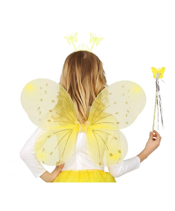 Sarı Kelebek Erkek-kız Seti – 50 Cm Kelebek Kanadı, Taç Ve Asa