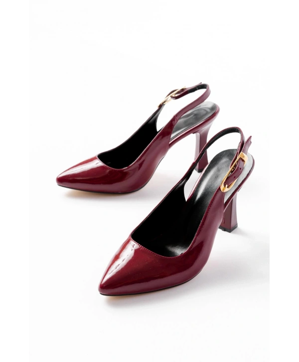 719 Bordo Rugan Sivri Burunlu Toka Detaylı  Topuklu Kadın Ayakkabı