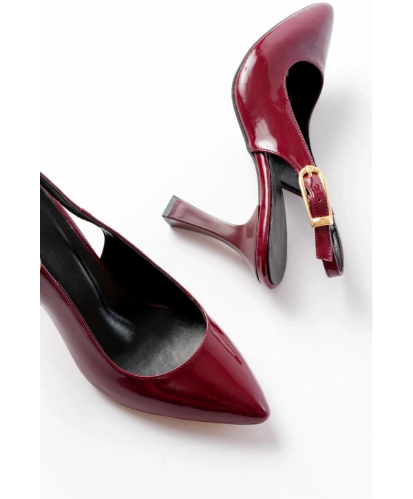 719 Bordo Rugan Sivri Burunlu Toka Detaylı  Topuklu Kadın Ayakkabı