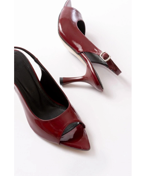 717 Bordo Rugan Sivri Burunlu Topuklu Kadın Sandalet