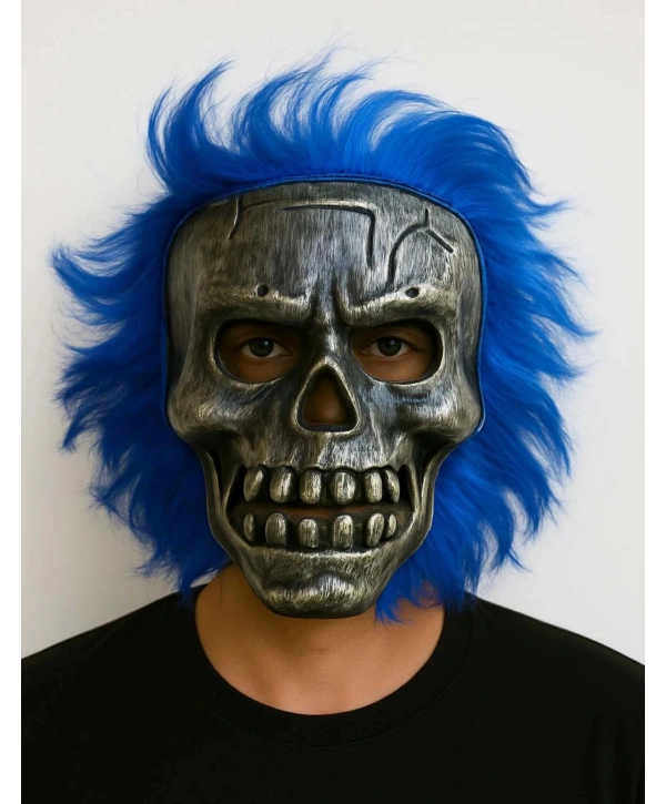 Wild Skull - Gümüş Kafatası Mavi Saçlı İskelet Maske
