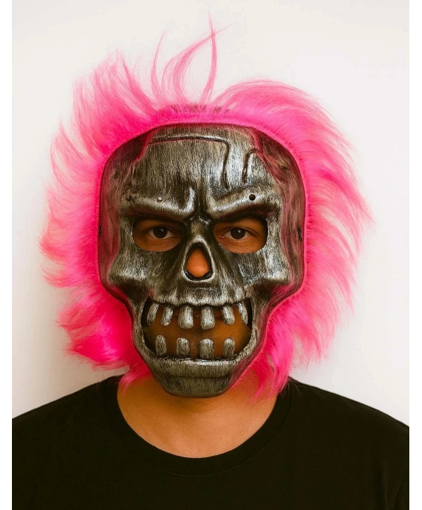 Wild Skull - Gümüş Kafatası Pembe Saçlı İskelet Maske