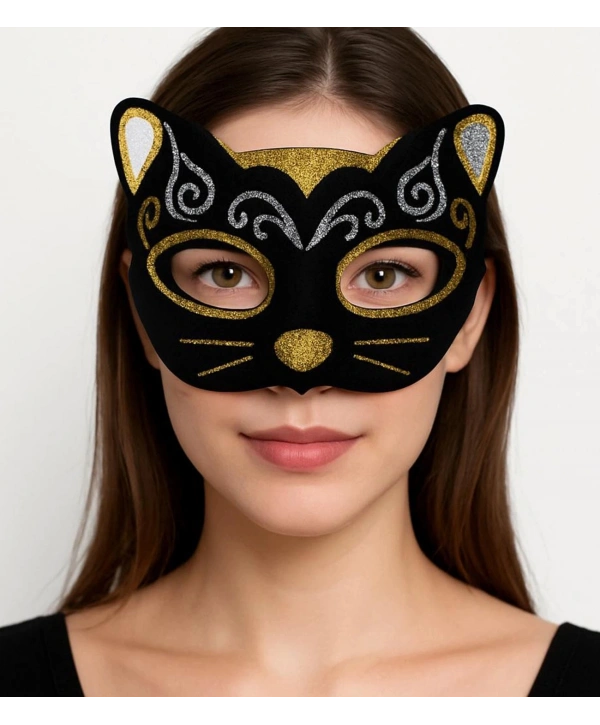 Kadife Dokulu Sim Detaylı Işıltılı Kedi Maskesi Altın Gümüş 20x13 Cm