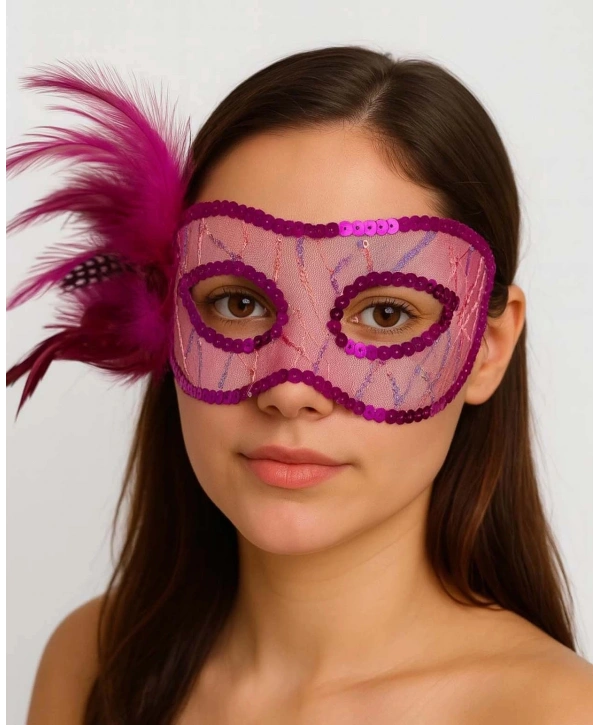 Fuşya Renk Yandan Tüylü Pul Payet İşlemeli Parti Maskesi 23x12 Cm