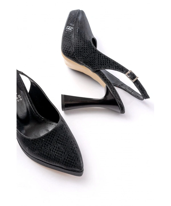 B-2101 Siyah Günlük Arkası Açık Yılan Desenli Topuklu Bayan Ayakkabı