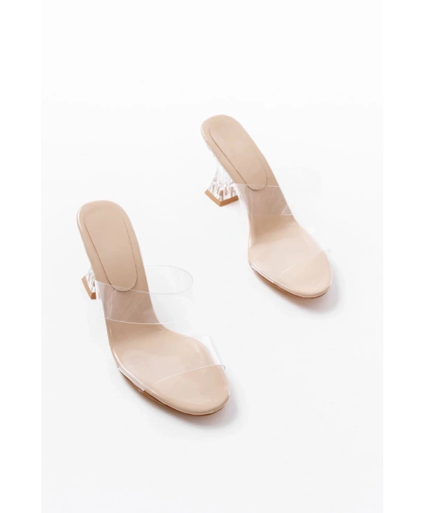 S-618 Bej Rugan Tek Bantlı Topuklu Kadın Terlik