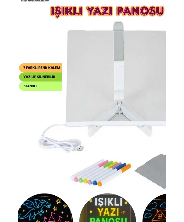 Neon Işıklı 7 Renk Işık Boyama Kalemli Led Resim Panosu Boyama Tahtası Kalemleri 20 X 20