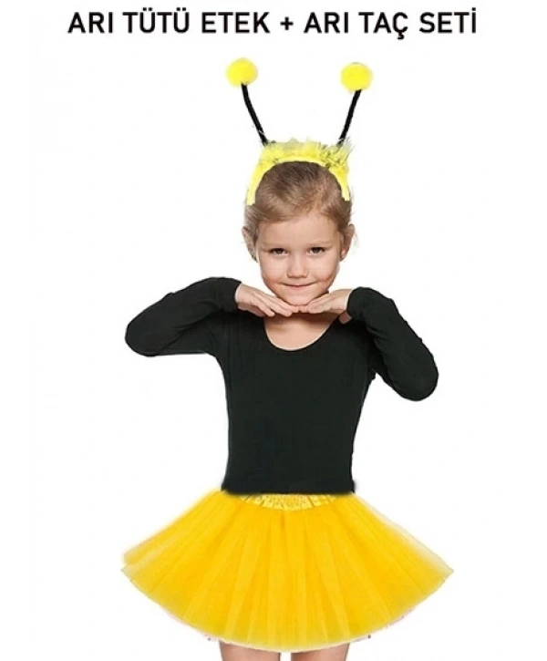 Gösteriler İçin Sarı Arı Tütü Etek Ve Sarı Ponponlu Arı Taç Seti