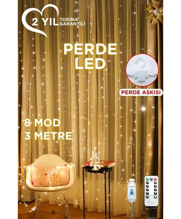 Lw-7 300 Ledli 10 Sarkıt Perde Led Işık, 8 Modlu Uzaktan Kumandalı, 3x3 Metre Peri Telli Led
