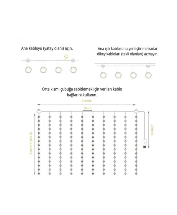 Lw-7 300 Ledli 10 Sarkıt Perde Led Işık, 8 Modlu Uzaktan Kumandalı, 3x3 Metre Peri Telli Led