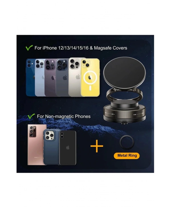 Metalik Magsafe Telefon Tutucu Tüm Yüzeylerle Uyumlu Vakumlu 360 Dönen Oynar Başlık