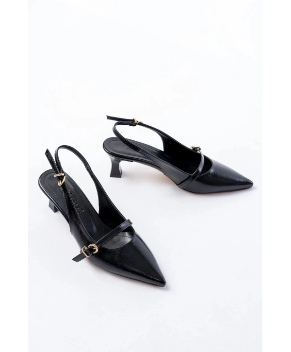 H-470 Siyah Rugan Baret Tokalı Arkası Açık Günlük Kadın Sandalet