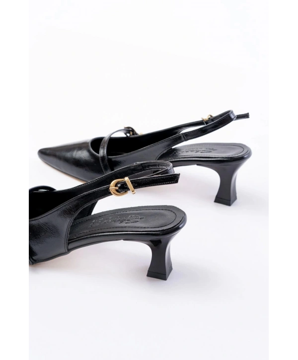 H-470 Siyah Rugan Baret Tokalı Arkası Açık Günlük Kadın Sandalet