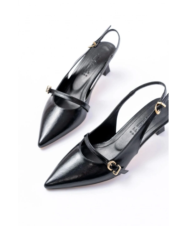 H-470 Siyah Rugan Baret Tokalı Arkası Açık Günlük Kadın Sandalet