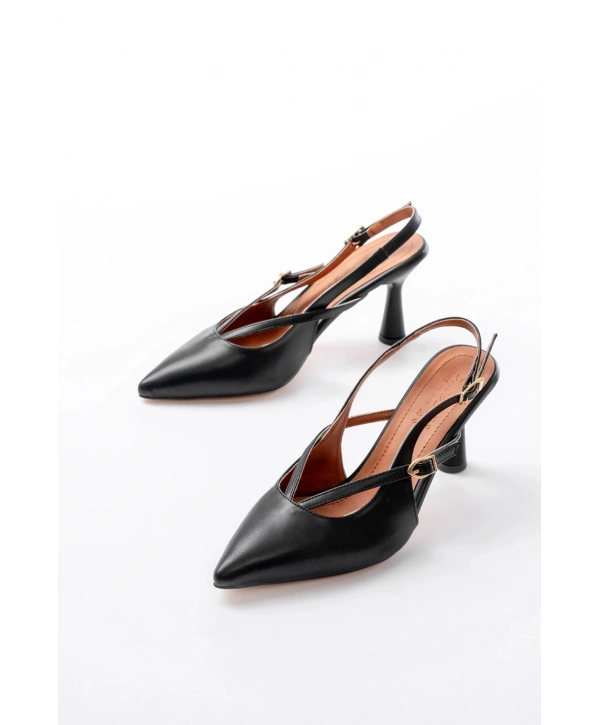 4962 Siyah Sivri Burun Tokalı Yuvarlak Topuk Kadın Sandalet