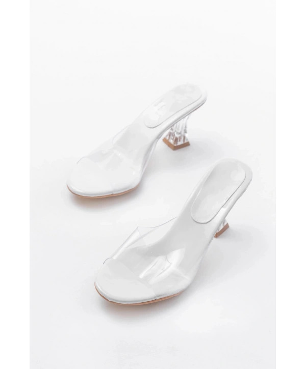 S-619 Beyaz Rugan Şeffaf Bantlı Şeffaf Topuklu Yuvarlak Burunlu Kadın Terlik