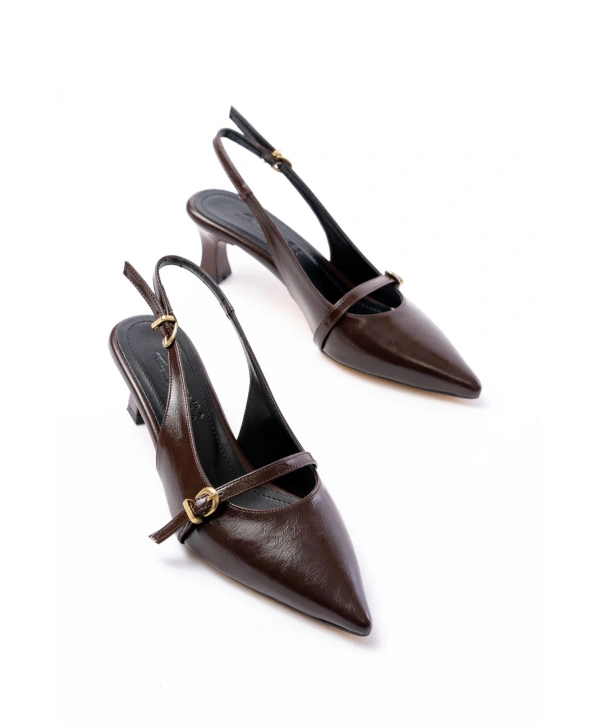 H-470 Kahve Rugan Baret Tokalı Arkası Açık Günlük Kadın Sandalet