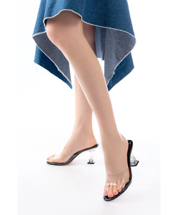 S-619 Siyah Rugan Şeffaf Bantlı Şeffaf Topuklu Yuvarlak Burunlu Kadın Terlik